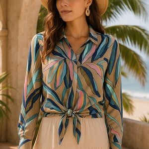 NIC+ZOE Bold Tropical Feather Print Tie-Front Blouse – Size XS